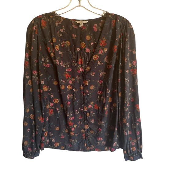 Lucky Brand Modal Button Top Womens Medium Dusty Blue Floral V-Neck Boho Blouse - Picture 6 of 10